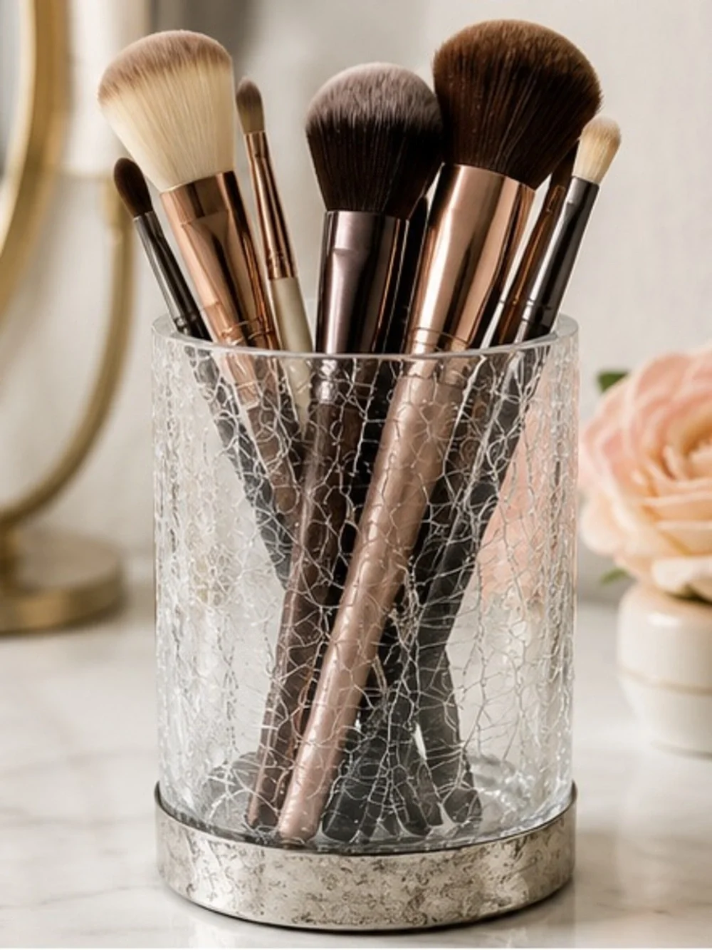 Glass with Metal Bottom Makeup Brush Holder